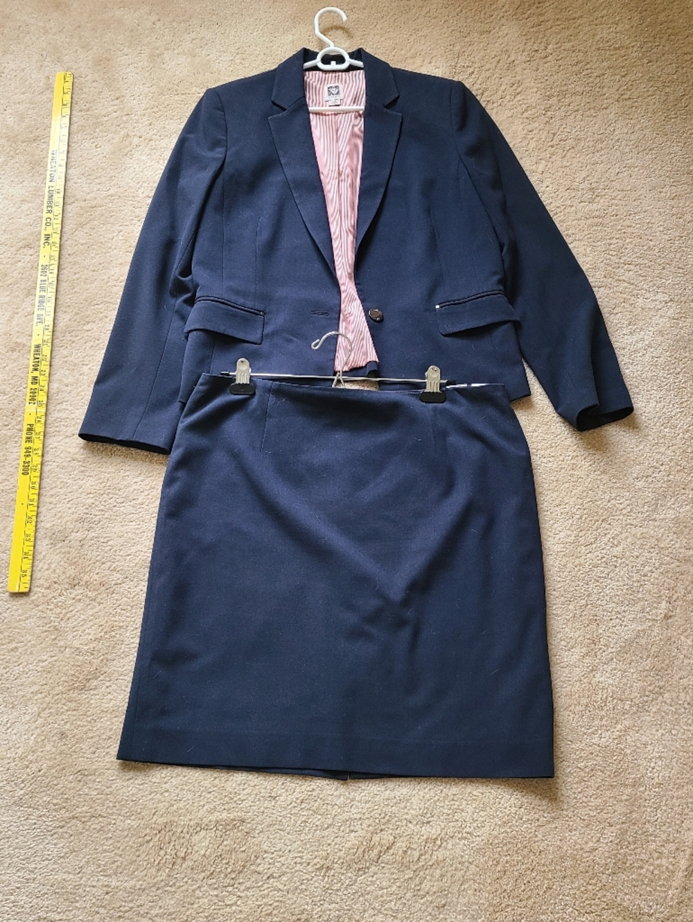 Anne Klein Navy Suit Blazer and Skirt with Pink Striped Lining